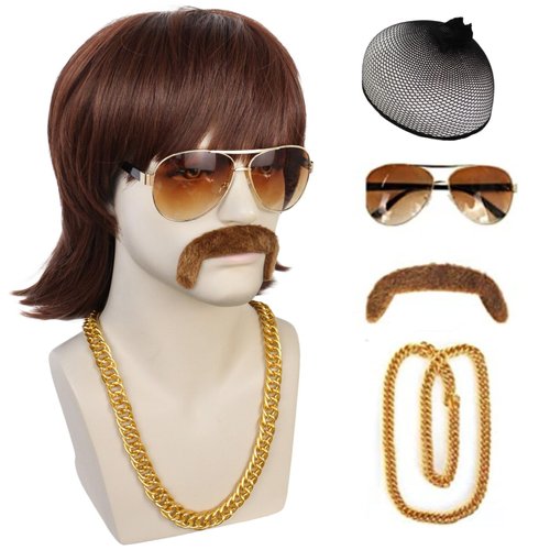 JoneTing 5 Pcs Disco Wig { 1 Gold Necklace + 1 Brown Beard +1 Glasses+1 Wig Cap} Dark Brown Short Wavy Wig for Men Synthetic Afro Wig for Party 70’s Costume Wig for Halloween Peluca Marrón Oscuro