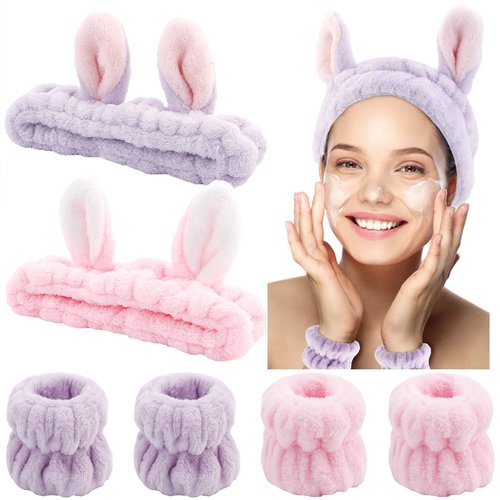 YISSION 6Pcs Face Wash Headbands and Wristbands Set Bunny Ears Headbands Spa Headband Makeup Head...