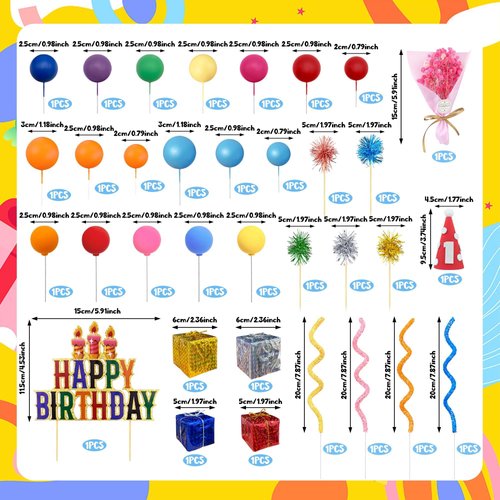 34PCS Happy Birthday Cake Toppers Colorful Cupcake Cake Toppers with Balls Cake Topper Decorations for Boys and Girls Birthday Party Supplies Decorations Baby Showers Supplies