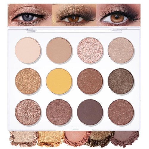WanTuoluo 12 Grids Multi-Finish Shimmer Matte Eyeshadow Palette, Highly Pigmented Natural Beige Gold Glitter Ultimate Shadow Powder Palette Makeup, Matt Shiny palette de sombras (Brown)