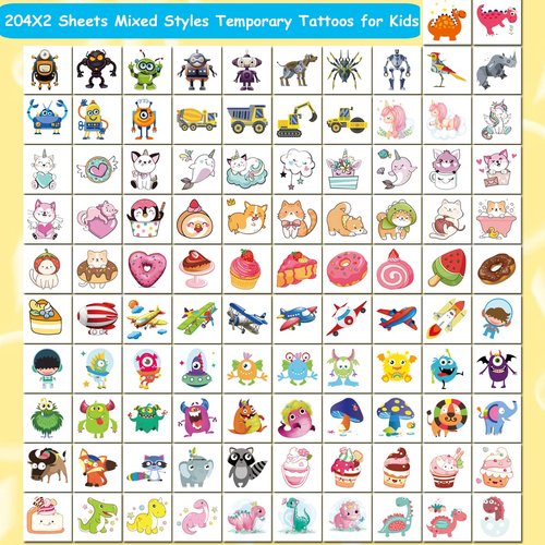 CHARLENT 408 PCS Individually Wrapped Temporary Tattoos for Kids - Mixed Tattoos for Kids Birthday Party Favors Goodie Bag Fillers