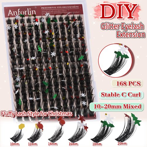 Glitter Lashes Glitter Lash Clusters 10-20mm Cluster Eyelash Extensions 168Pcs Fluffy Lash Clusters C Curl Individual Lashes for New Year Christmas Halloween Cosplay Party False Eyelashes, by Anforlin