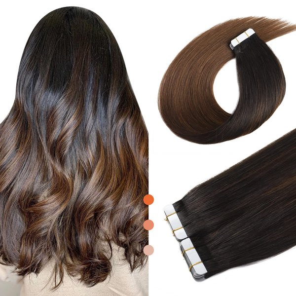 XDhair 22Inch Tape In Hair Extensions Remy Human Hair Ombre Black Color 1b Fading To 4 Chocolate Brown Natural Hair Extensions 20Pcs 50g (22, 1bT4)