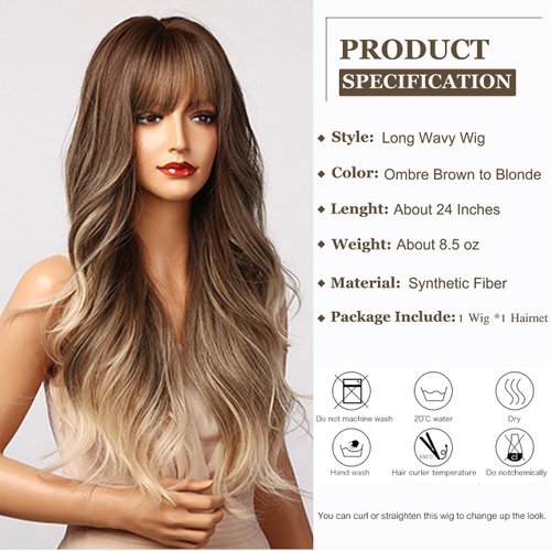Esmee Brown ombre Blonde Wigs 24" Long Synthetic Wig with High Density Natural Headline Heat Permanent Hair Wigs for Women