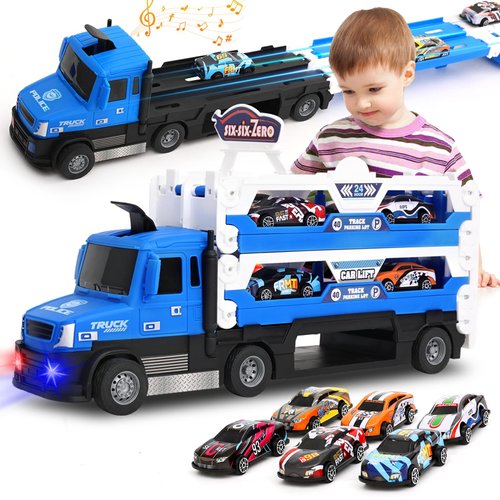 TALGIC Big Transporter Truck Blue Toy Cars for Toddlers 3-5 with 55-Inch Ejection Race Track, Deform Catapulting and Shooting Folding Storage Car Carrier with 6 Race Cars for Kids Ages 3-5, 4-8