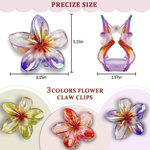 YFKEJI 3Pcs Flower Hair Clips, Medium-Sized Resin Hair Claw Clips, 3.15inch Hair Clips for Thin, Colorful Plumeria Alligator Clips, Seaside Resort Hair Accessories for Girls & Women（B#）
