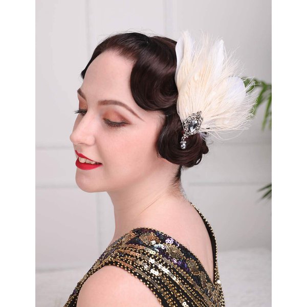 Aimimier 1920s Flapper Feather Hair Clip Ivory Headpiece Prom Party Roaring 20s Accessories for Women and Girls