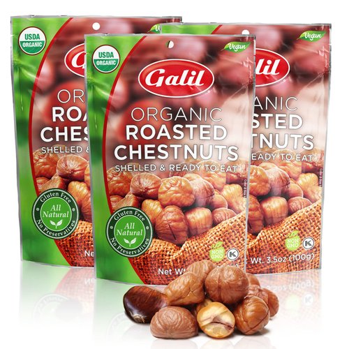 Galil Organic Roasted Chestnuts | Shelled | Ready to Eat Snack | Gluten Free, All Natural, 100% Vegan, No Preservatives | Great for Snacking, Baking, Cooking & Turkey Stuffing | 3.5oz Bags (Pack of 3)