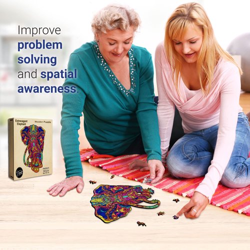 Dymier Green Wooden Puzzle for Adults - Unique Puzzle, Wood Cut Animal Shaped Puzzles 150 Pieces Medium Size Extravagant Elephant - Great Gift for Family and Friends, 8 by 10 inch