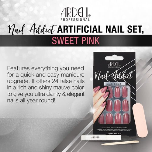 Ardell Nail Addict Artificial Nail Set, Sweet Pink Glossy Rounded Press On Nails, 24 Glue On Nails For An Easy Manicure