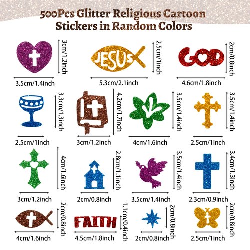 MALLMALL6 500pcs Christian Glitter Stickers - Foam Self-Adhesive Bible Cross Multi-Colour Art Craft Project Glittery Sticky Embellishments for Kids School Classroom Activity Home Party Decoration