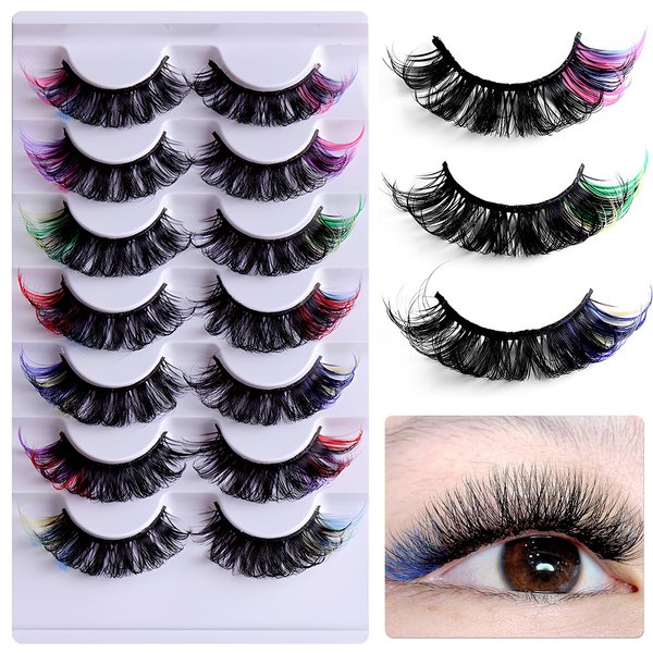LoveOurHome 7 Pairs Fake Eyelashes Fluffy False Eyelashes Faux Mink Wispy Lashes Natural Look Lash Extension Eye Lashes 21mm 6D Volume Colorful Strips False Lashes with Tweezers for Women Teen Girls