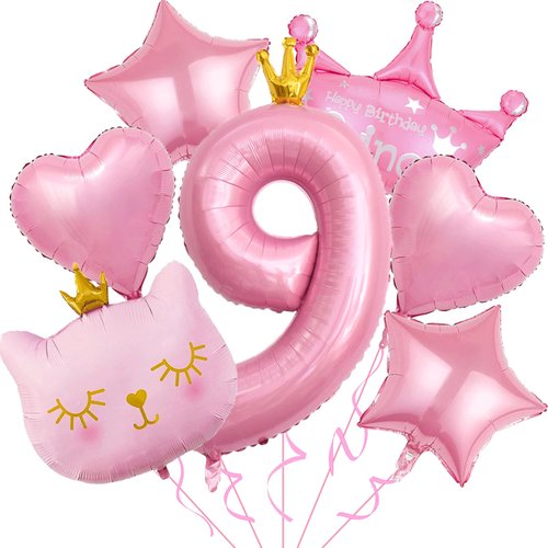 9th Birthday Decorations for Girls, Crown 9 Balloon, Pink Number 9 Balloons 40 Inch, Cat Themed Birthday Party Decorations Baby Shower Supplies
