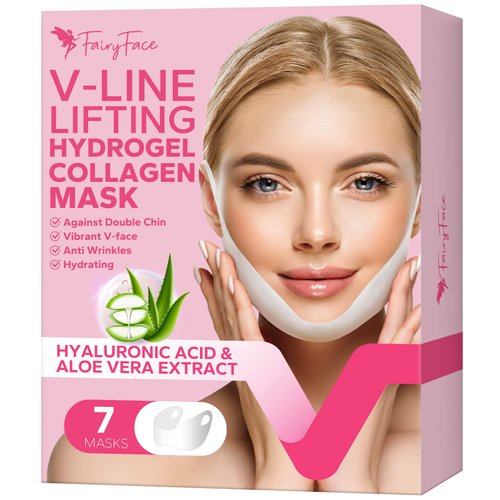 FairyFace V Line Shaping Face Masks (7 Count), Double Chin Reducer, Lifting Hydrogel Collagen Mask with Aloe Vera and Seaweed, Anti-Aging and Anti-Wrinkle Masks