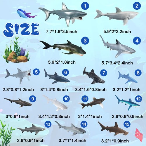 15 Pcs Shark Toys Plastic Assorted Ocean Animal Shark Figurine Realistic Shark Bath Toys Sea Creature Toys Shark Figures Marine Animal Figurines for Kids Birthday Party Favor Cake Topper Cognitive Toy