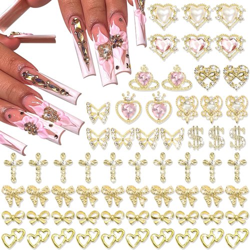 YAEISM 80PCS Gold Nail Charms 12 Shapes Gold Heart Nail Charm 3D Butterfly Nail Charms Alloy Gold Nail Crosses Shiny Money Sign Nail Charms Crystal Pink Planet Charms for Women Nail Art Decoration