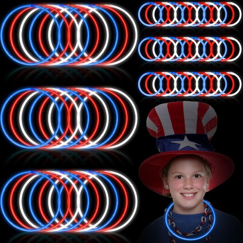 Sotiff 120 Pack Christmas Glow Stick Bracelets 22 Inches Glow in the Dark Necklace Bulk Glow Stick Accessories with Connectors Party Accessories for Christmas Party Favors (Blue, White, Red)
