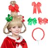 ColorGround Children's BLonde Braided Costume Wig with Red and Green Polka Dot Bows and Red Bead Necklace for Christmas Celebration Party(Blonde)