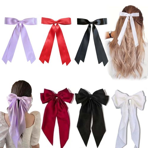 Hair Bows for Women & Girls - Silky Satin Oversized Butterfly Hair Clips with Long Tails & Double-layer Polyester Non-Slip Aesthetic Hair Bows (8PCS)