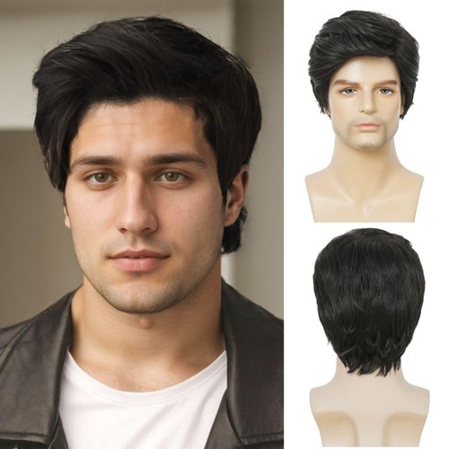 Amnenl Black Short Wigs for Men Layered Natural Wigs Synthetic Replacement Full Wig for Male Guy Daily Use