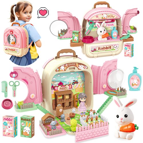 SMILESSKIDDO Pet Carrier Backpack Toy, 3 in 1 Pet Care Playset, Pretend Play Pet Care Accessories & Hair Dryer Toy, Rabbit Role Play Set for Girls Ages 3+
