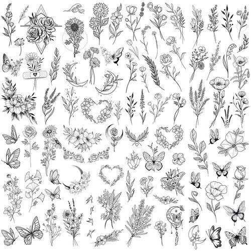 Oottati 50+pcs Floral Flower Temporary Tattoos Butterfly Rose Wave Leaf Bird Suit for Women and Girls