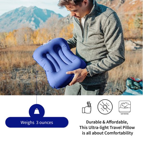 NEAR ZERO Ultralight Portable 3 Oz Inflatable Camping Pillow for Neck Lumbar Support | Easy to Inflate, Extra Comfort, Polyester Compressible Pillow for Hiking, Hammock & Backpacking | Blue & Black