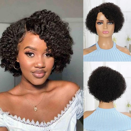 Pixie Kinky Curly Human Hair Wig Short Pixie Cut Curly Wigs For Black Women Natural Black Wigs Human Hair Short Glueless Wig Brazilian Full Machine Made Wig Side Part None Lace Wigs Ready To Wear