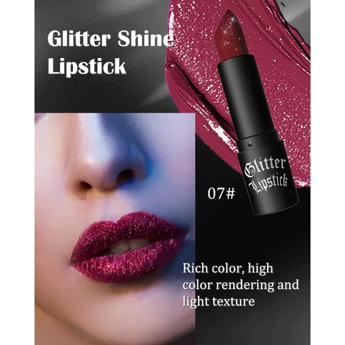 LYSdefeu Diamond Glitter Matte Lipstick, Gothic Shiny Lip Gloss, Wine Red Sparkling High Pigment Longlasting Waterproof Smudgeproof Non-Stick Lipstick, Bold Shimmer Lip Blam for Women Lip Makeup-07