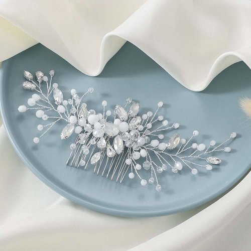 Latious Rhinestones Bride Wedding Hair Comb Silver Opal Crystal Bridal Hair Pieces Vintage Hair Clip Hair Accessories for Women and Girls