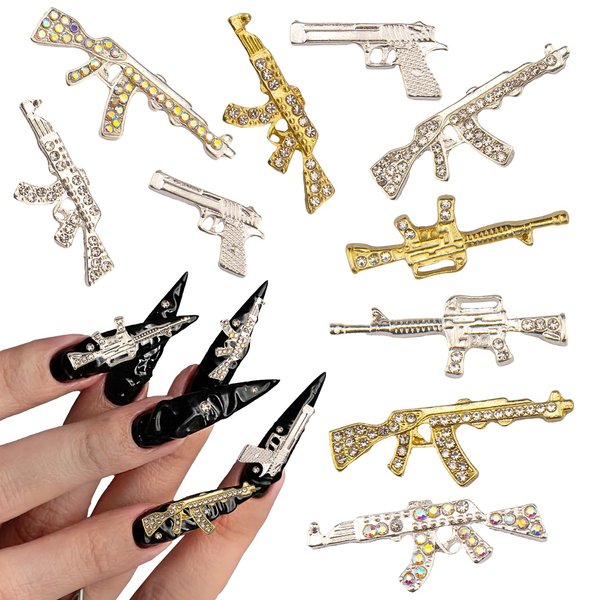 10PCS Gun Nail Charms with Rhinestones for Acrylic Nails - Unique 3D Nail Art Decorations for DIY Manicure and Crafts