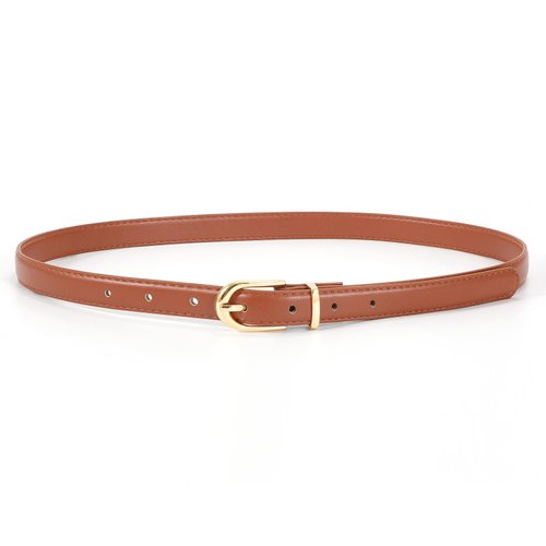 JASGOOD Womens Thin Leather Belt Skinny Faux Leather Belt for Jeans Dress with Gold Alloy Buckle,Brown/Fit Waist Size 26-31 inch