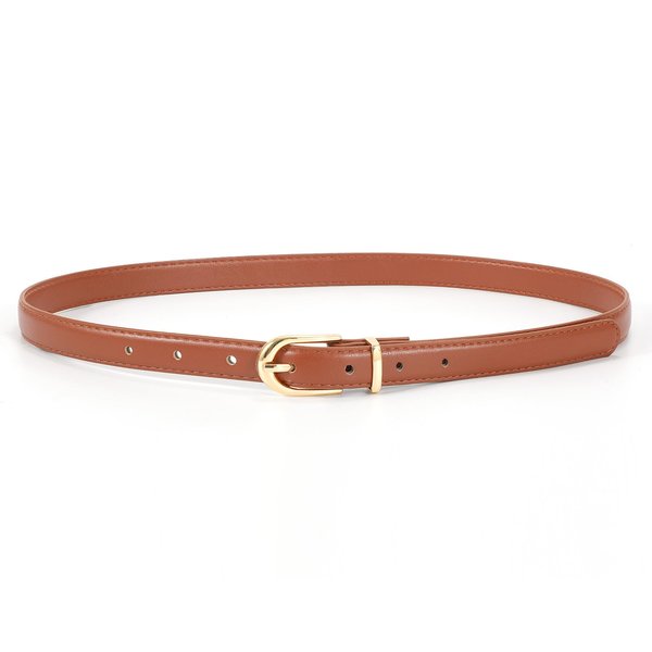 JASGOOD Womens Thin Leather Belt Skinny Faux Leather Belt for Jeans Dress with Gold Alloy Buckle,Brown/Fit Waist Size 26-31 inch