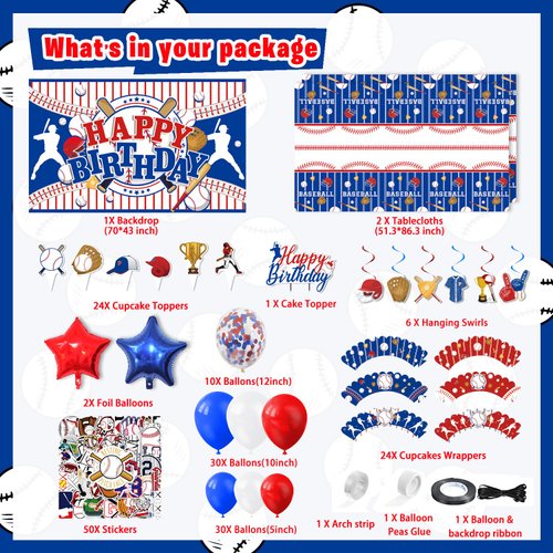 LXlucktim Baseball Birthday Party Decorations, 189 Pcs Baseball Themed Party Supplies for Boys Baby - Backdrop, Cake Cupcake Toppers, Balloons, Cupcakes Wrappers, Hanging Swirls, Tablecloth, Stickers