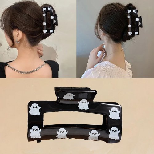 Halloween Hair Clips Square Claw Clips Black Hollowed Out Shark Claw Clips Hairpins with Cute Ghost Design Medium Halloween Hair Accessories for Women Girls Halloween Hair Decorations 1pcs