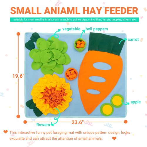 Rabbit Hay Feeder - Interactive Polar Fleece Pet Foraging Mat Toy Indoor for Guinea Pig Bunny Chinchillas Hamster Ferrets Small Aniamls - Anti Slip Feeding Mat Treat Dispenser Machine Washable