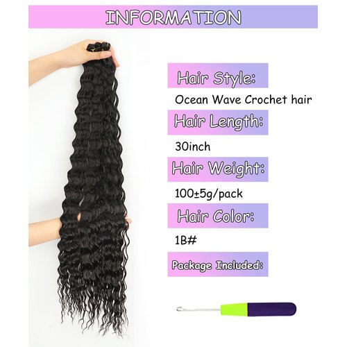Cypsin Curly Crochet Hair 30Inch 2 Packs Deep Wave Crochet Hair with Crochet Hook, Long Ocean Wave Braiding Hair for Women, Synthetic Hair Curly Braiding Hair Extensions Natural Black(1B)