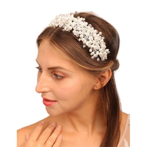 Teyglen Floral Wedding Pearl Crystal Tiara Hair Crown Vintage Pearl Rhinestone Headband Hair Pieces Bridal Crown Headpieces for Bride Hair Accessories for for Wedding Prom Birthday Party