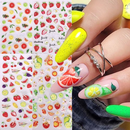 4 Sheets Fruit Nail Art Stickers Self Adhesive Gel Nail Sticker, 5D Relief Strawberry Watermelon Lemon Cherry Spring Summer Stickers for Nail Art