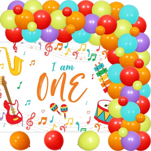 76Pcs Music Themed 1st Birthday Party Decorations for Boys and Girls Colorful Latex Balloon Garland Arch with Mexican Style 1st Birthday Backdrop Music Party Supplies