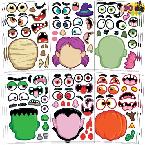 JOYIN 30 Pcs Halloween Make a Face Stickers for Kids, Halloween Party Favor, Party Craft Supplies, Fall Sticker Sheets with 6 Different Facial Expression, Classroom Art Activities Treat Games Goodies