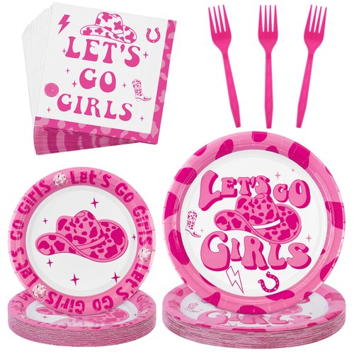 durony 96 Pieces Let's Go Girls Party Tableware Serve 24 Guests Cowgirl Paper Plates Dessert Plates Disposable Paper Napkins Forks Bachelorette Decorations for Birthday Disco Cowgirl Party Supplies