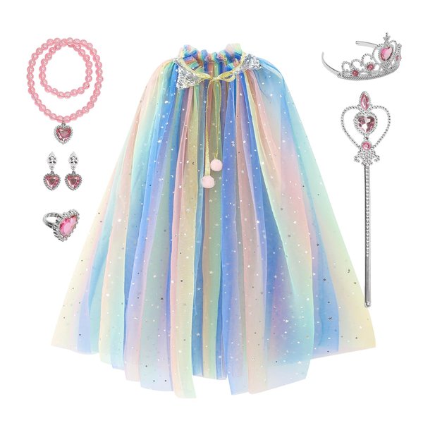 Newland Princess Cape Costume, 3-8 Years 7 pcs Girl Princess Cloak set, Princess Dress Up Festival Party Costume Crown Wand (Colorful)