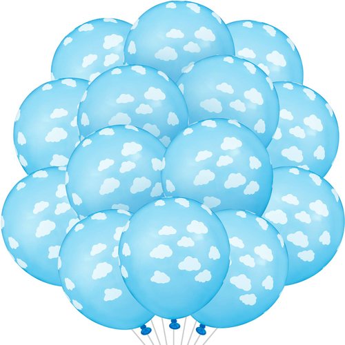 36 Pieces Blue Cloud Latex Balloons Mid Blue with Clouds Matte Balloons 12 Inches Cloud Print Light Blue Balloons for Baby Shower Boys Girls Birthday Party Supplies