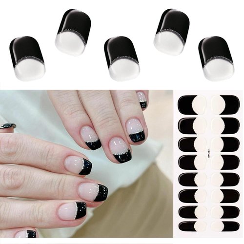Semi Cured Gel Nail Strips French Tip Nail Polish Strips Self-Adhesive Gel Nail Black French Nail Polish Stickers 16 Pcs Glitter Gel Nail Wraps for Women Girls Manicure Nail Decoration