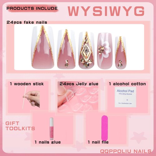 QQPPOLIU Nail Press Ons French Press on Nails Nude Nails with Rhinestones and Flower Designs Long Nails Medium Coffin Press on Nails Square 3d Press on Nails Glitter Fake Nails 24pcs
