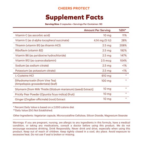 Cheers Protect | Daily Liver Supplement for Drinkers with L-Cysteine + DHM | Increase Glutathione Levels | 90 Doses | Cysteine, Dihydromyricetin, Milk Thistle, Prickly Pear, B-Vitamins, Ginger