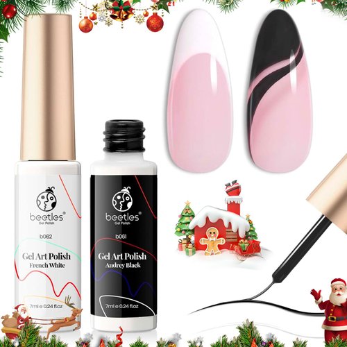beetles Gel Polish Nail Art Liner Gel Polish Set- 2 Popular Black White Colors Nail Art Polish Gel Art Paint for Swirl Nails Built Thin Nail Art Brush in Gel Pens UV Soak off Gifts for Women