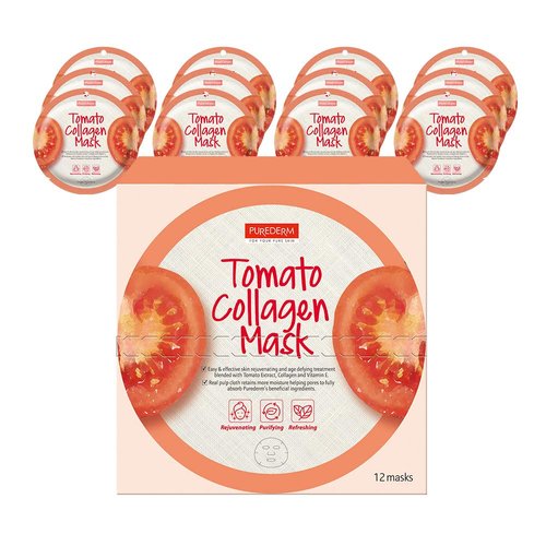 Purederm Tomato Collagen Mask (12 Pack) - Tomato Extracts, Collagen, and Vitamin E Ingredients to Make the Skin Soft and Shiny