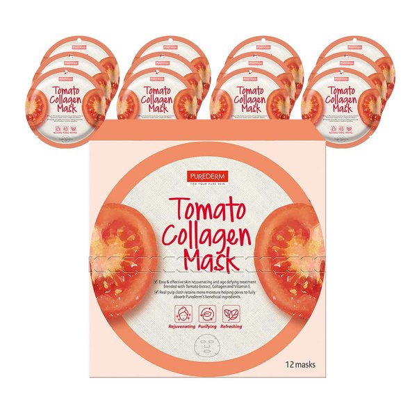 Purederm Tomato Collagen Mask (12 Pack) - Tomato Extracts, Collagen, and Vitamin E Ingredients to Make the Skin Soft and Shiny